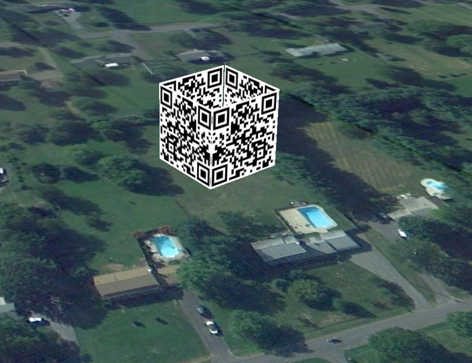  - Here, the QR cube is sitting on the lawn behind my house. -  - Art and the Zen of QR Codes - QaRt - making art from QR codes. - Tony Karp, design, art, photography, techno-impressionist, techno-impressionism, aerial photography , drone , drones , dji , mavic pro , video , 3D printing - Books -