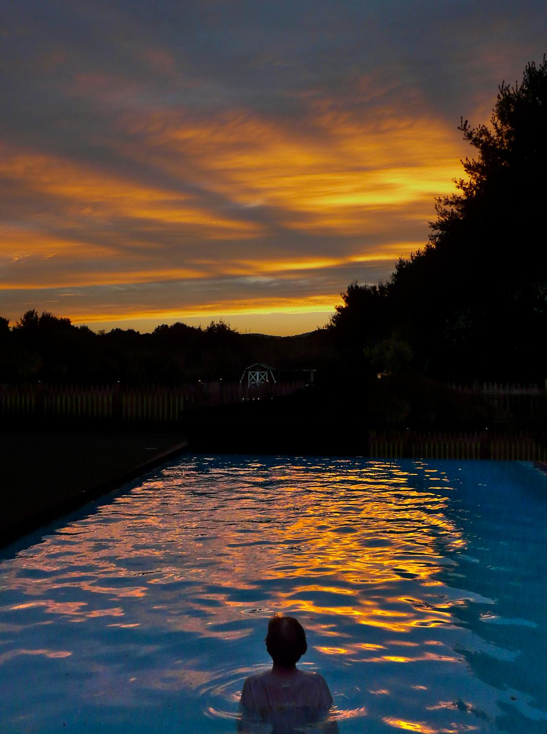 The artist's muse - the Hobbitt - in the pool at sunset #3 - The artist's muse at sunset -- DMC-FZ18 -  Panasonic DMC-FZ18 - Tony Karp, design, art, photography, techno-impressionist, techno-impressionism, aerial photography , drone , drones , dji , mavic pro , video , 3D printing - Books -