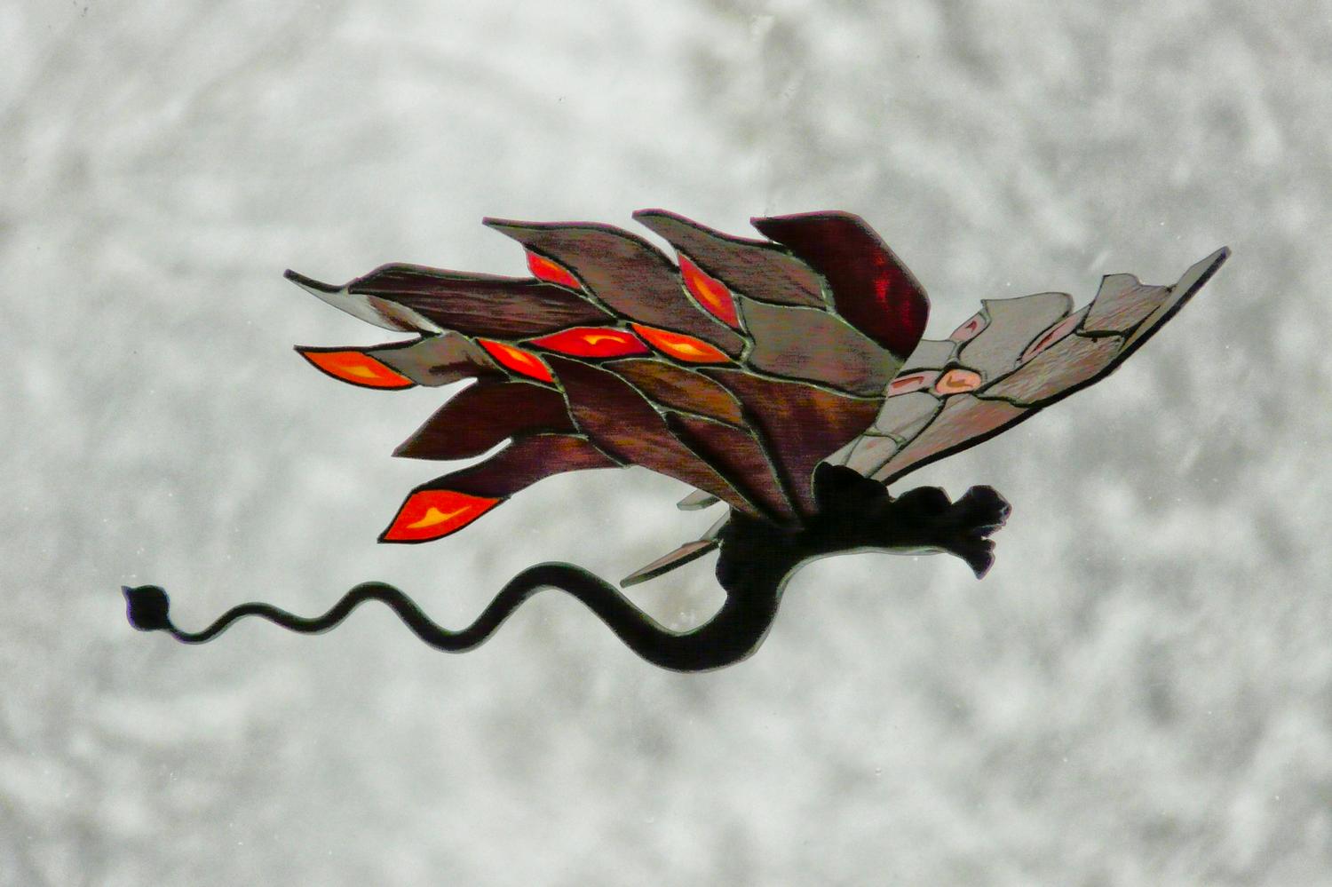 stained glass and wrought iron dragon in front of snow - Snads the dragon-  Panasonic DMC-FZ18 - SNADS the dragon flies before the storm. - Tony Karp, design, art, photography, techno-impressionist, techno-impressionism, aerial photography , drone , drones , dji , mavic pro , video , 3D printing - Books -